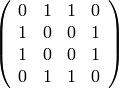 \left(\begin{array}{rrrr}
0 & 1 & 1 & 0 \\
1 & 0 & 0 & 1 \\
1 & 0 & 0 & 1 \\
0 & 1 & 1 & 0
\end{array}\right)